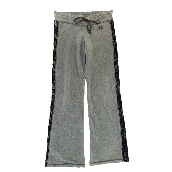 Bebe Sport Y2K Wide Leg Gray Lounge Pants Lace Trim Drawstring Small USA Made - Picture 3 of 11